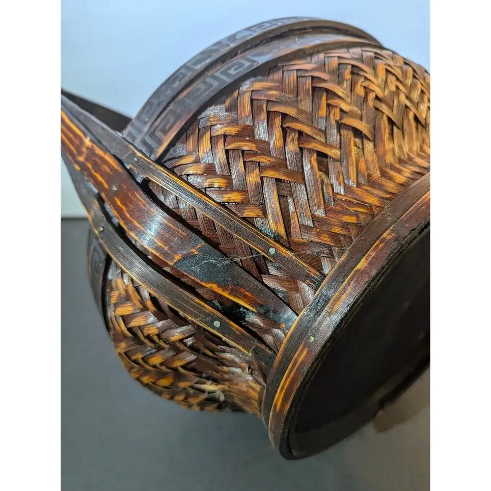 Vintage Woven Bamboo Wedding Basket Lid Chinoiserie Boho Decor